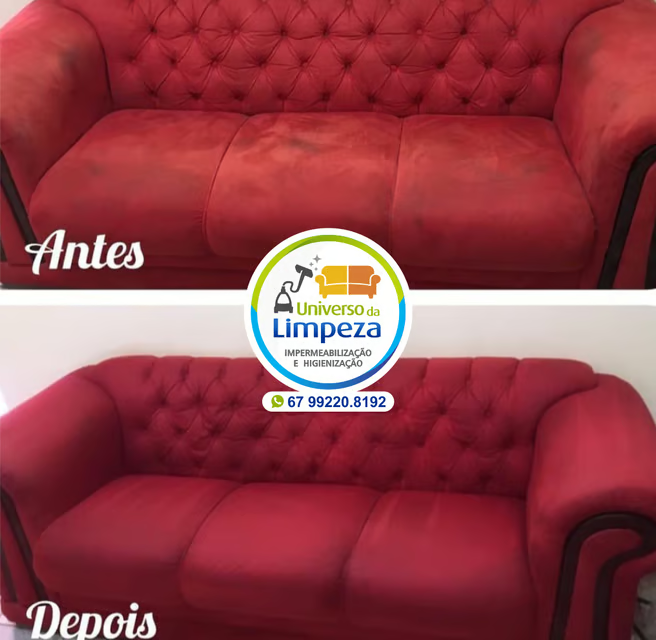 Comparação antes e depois da limpeza de um sofá vermelho