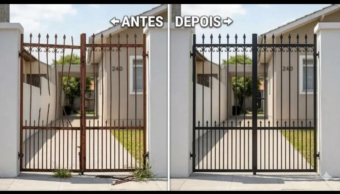 Comparação antes e depois: portão renovado com pintura, trabalho enviado pela Taques.